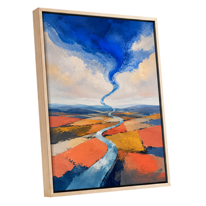 Where River Meets Sky, blue, orange, beige nature wall art shown as a oak framed canvas wall art