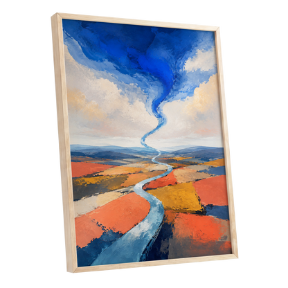 Where River Meets Sky, blue, orange, beige nature wall art shown as a oak framed poster wall art print