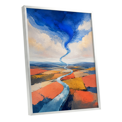 Where River Meets Sky, blue, orange, beige nature wall art shown as a silver framed poster wall art print