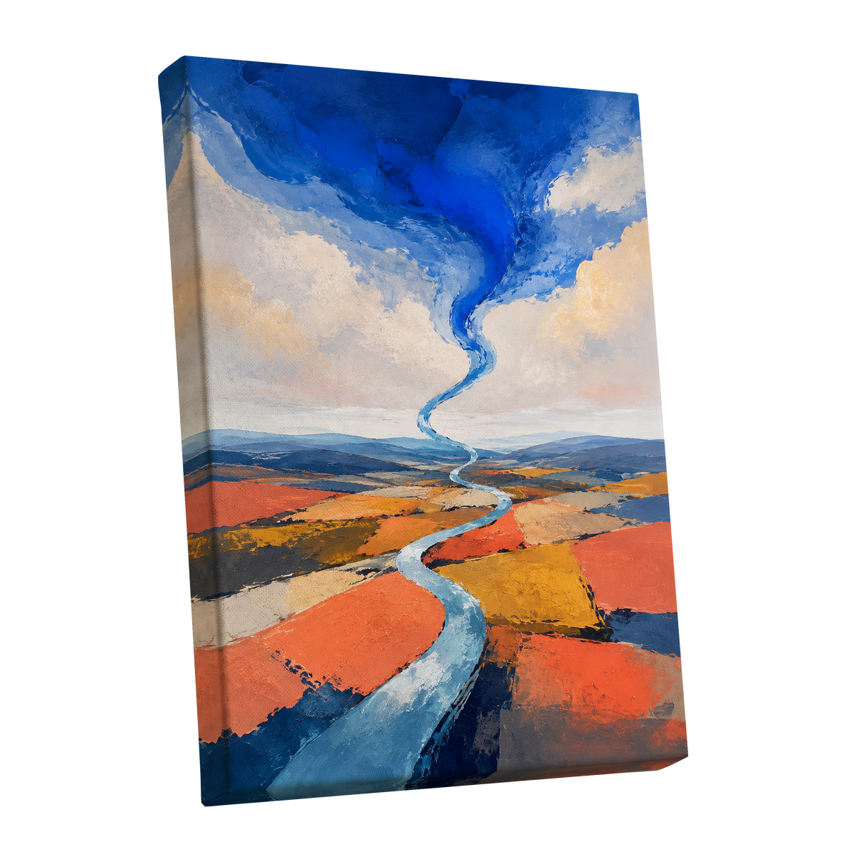 Where River Meets Sky, blue, orange, beige nature wall art shown as a stretched canvas wall art