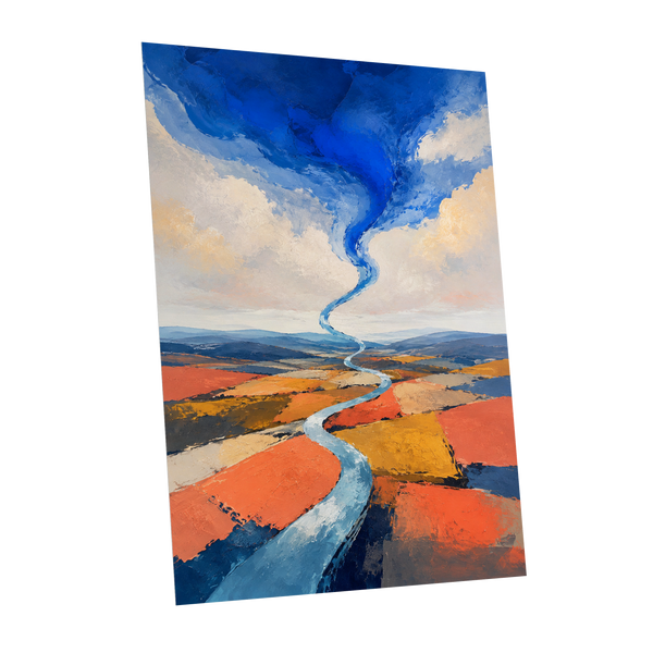 Where River Meets Sky, blue, orange, beige nature wall art shown as a unframed poster wall art print