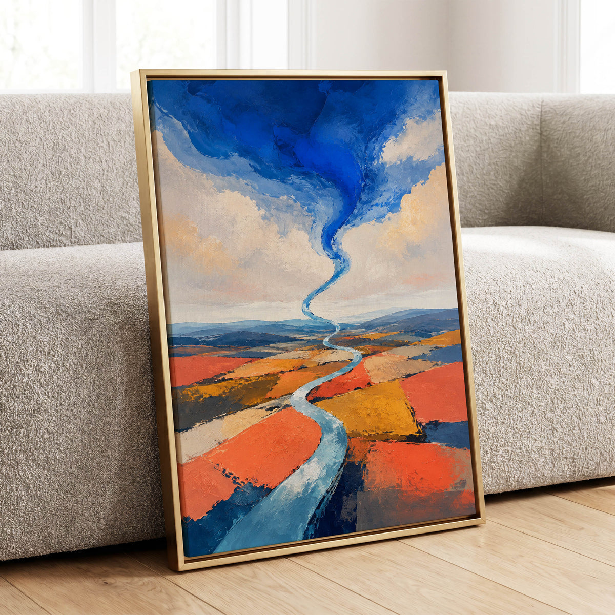 Where River Meets Sky, blue, orange, beige nature wall art displayed in a styled interior, gallery view 1