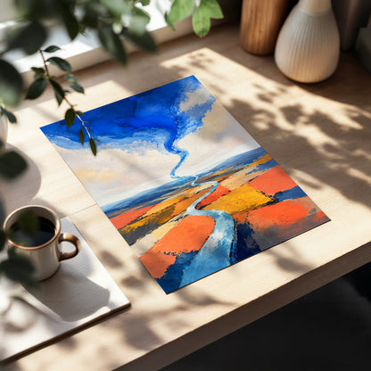 Where River Meets Sky, blue, orange, beige nature wall art displayed in a styled interior, gallery view 2