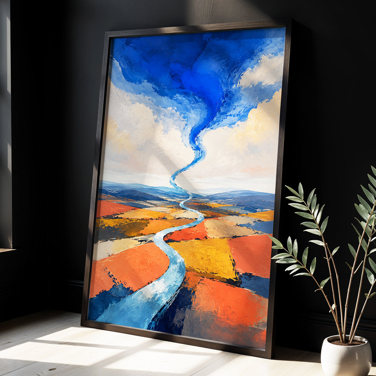 Where River Meets Sky, blue, orange, beige nature wall art displayed in a styled interior, gallery view 3