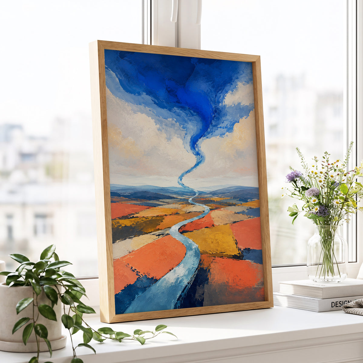 Where River Meets Sky, blue, orange, beige nature wall art displayed in a styled interior, gallery view 4
