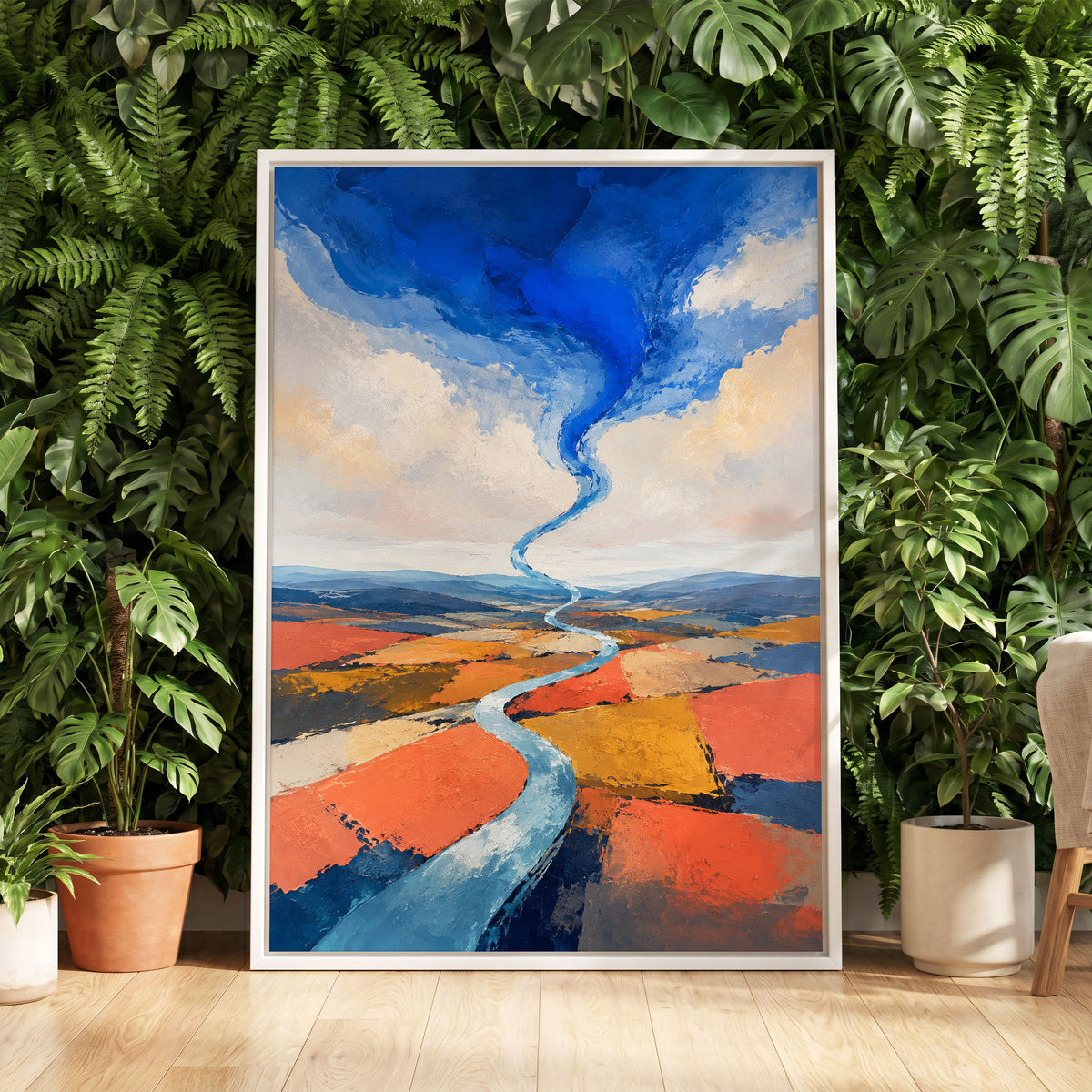 Where River Meets Sky, blue, orange, beige nature wall art displayed in a styled interior, gallery view 5