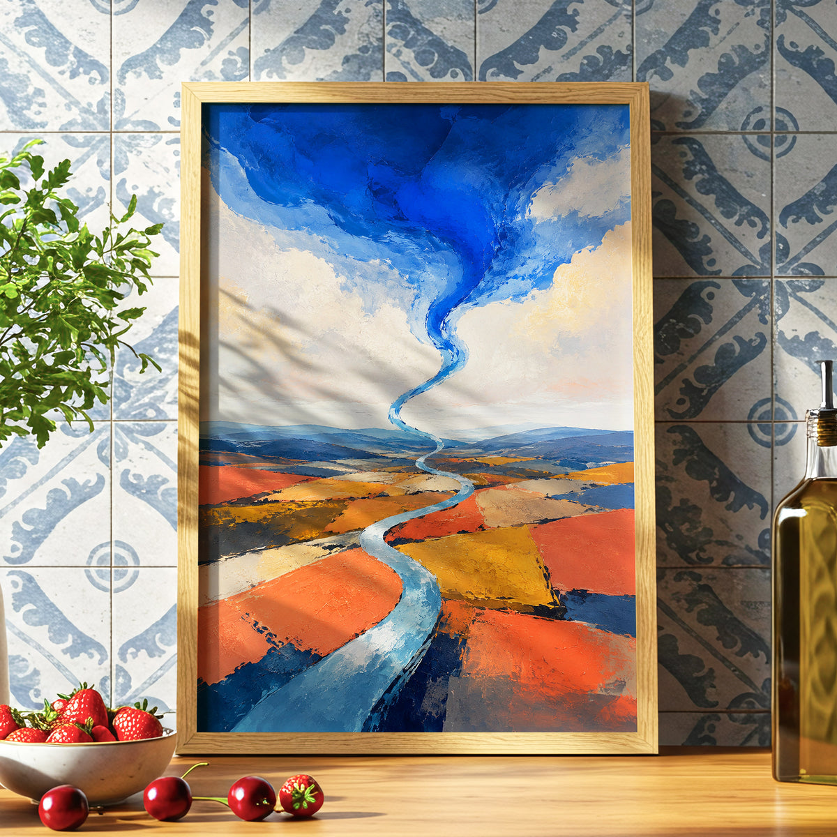Where River Meets Sky, blue, orange, beige nature wall art displayed in a styled interior, gallery view 6
