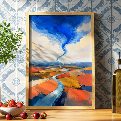 Where River Meets Sky, blue, orange, beige nature wall art displayed in a styled interior, gallery view 6