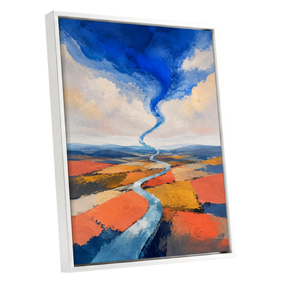 Where River Meets Sky, blue, orange, beige nature wall art shown as a white framed canvas wall art
