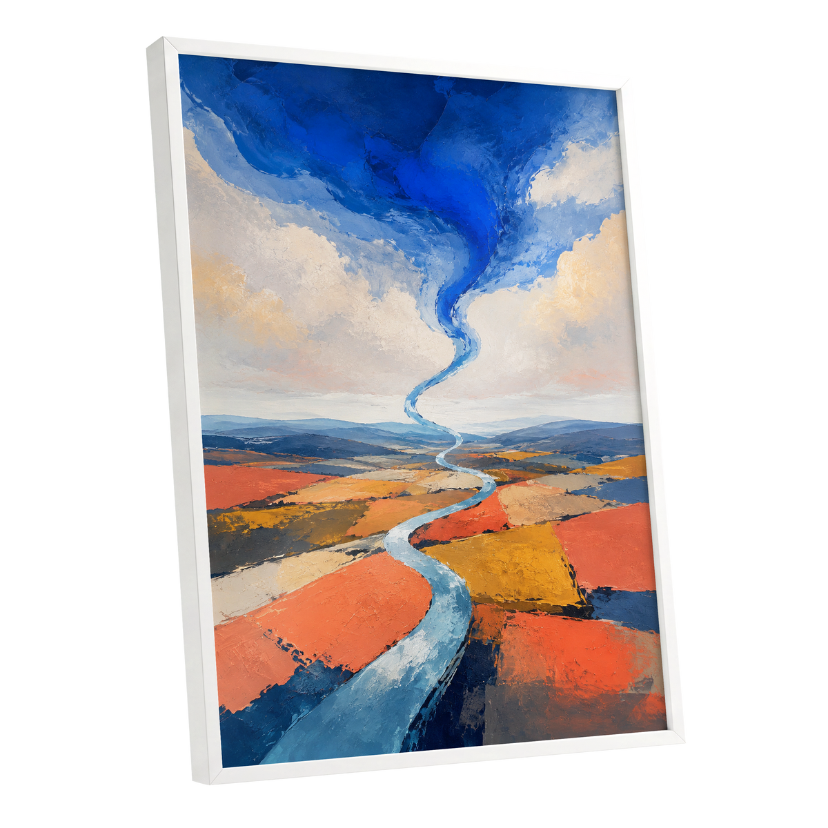 Where River Meets Sky, blue, orange, beige nature wall art shown as a white framed poster wall art print