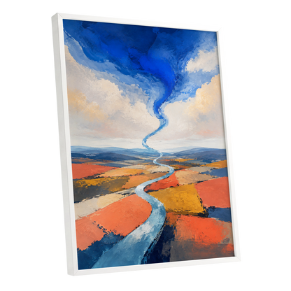 Where River Meets Sky, blue, orange, beige nature wall art shown as a white framed poster wall art print