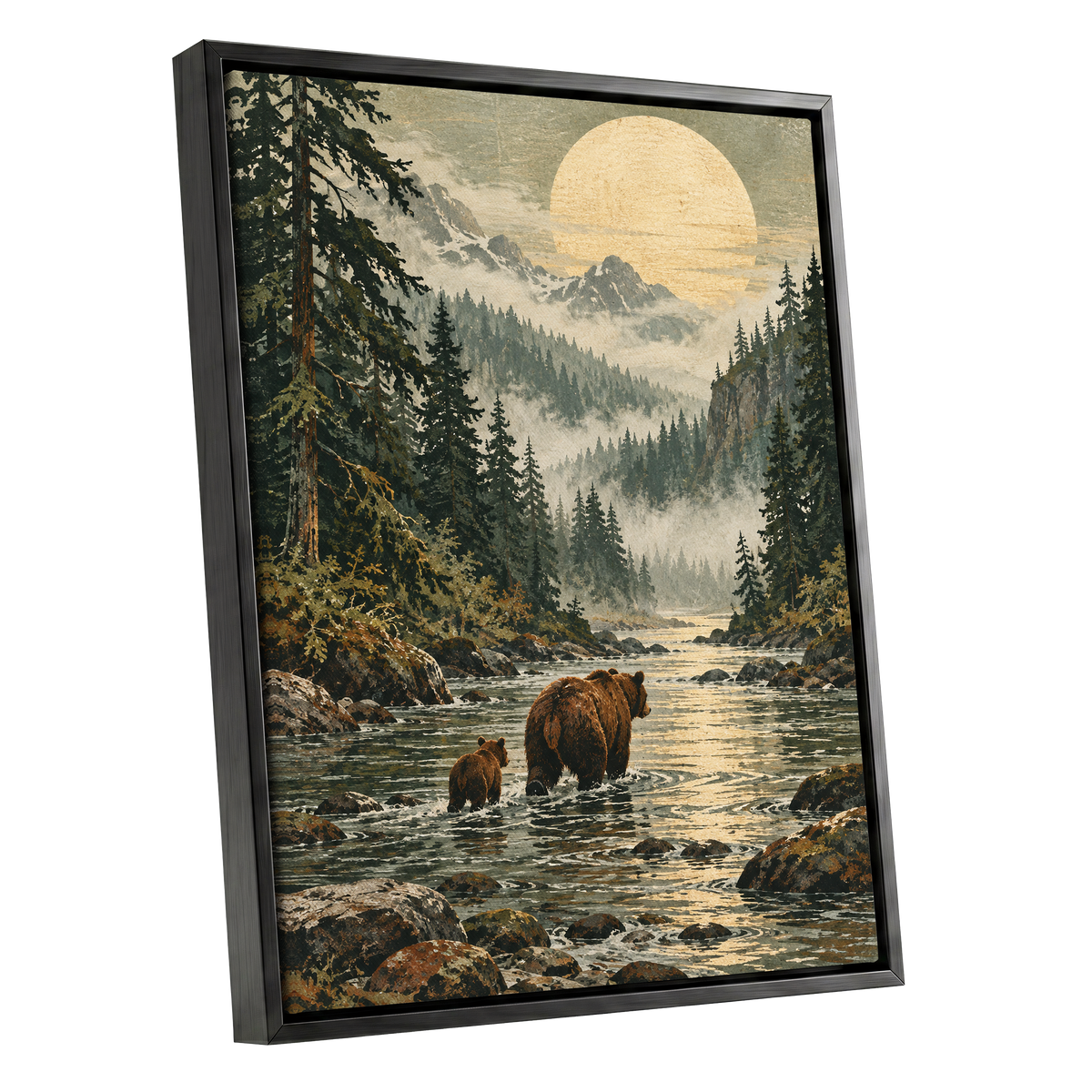 Where the Bears Wander, green, brown, beige nature wall art shown as a black framed canvas wall art