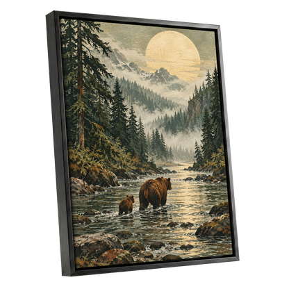 Where the Bears Wander, green, brown, beige nature wall art shown as a black framed canvas wall art