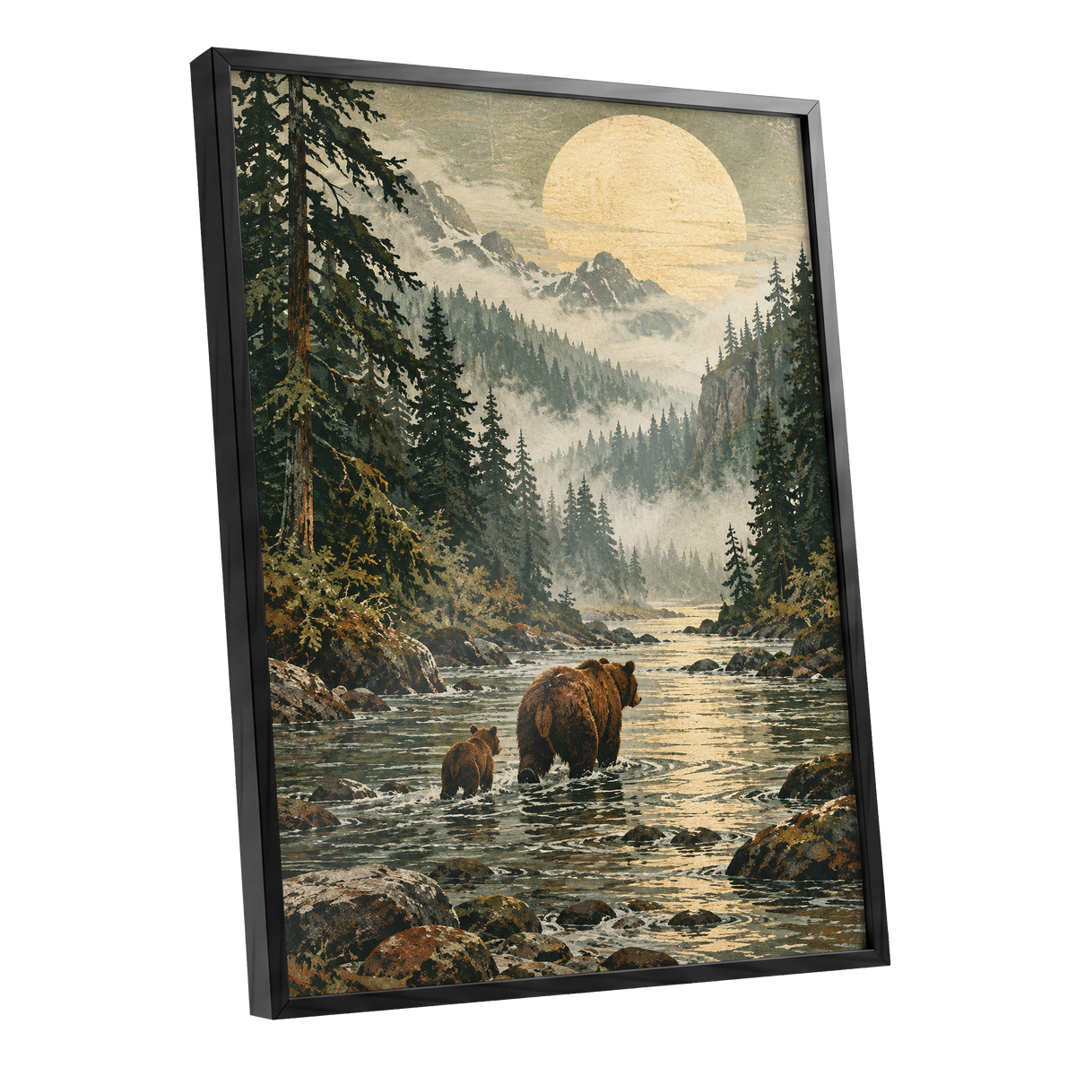 Where the Bears Wander, green, brown, beige nature wall art shown as a black framed poster wall art print