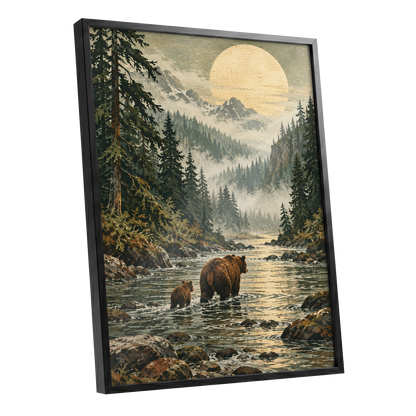 Where the Bears Wander, green, brown, beige nature wall art shown as a black framed poster wall art print