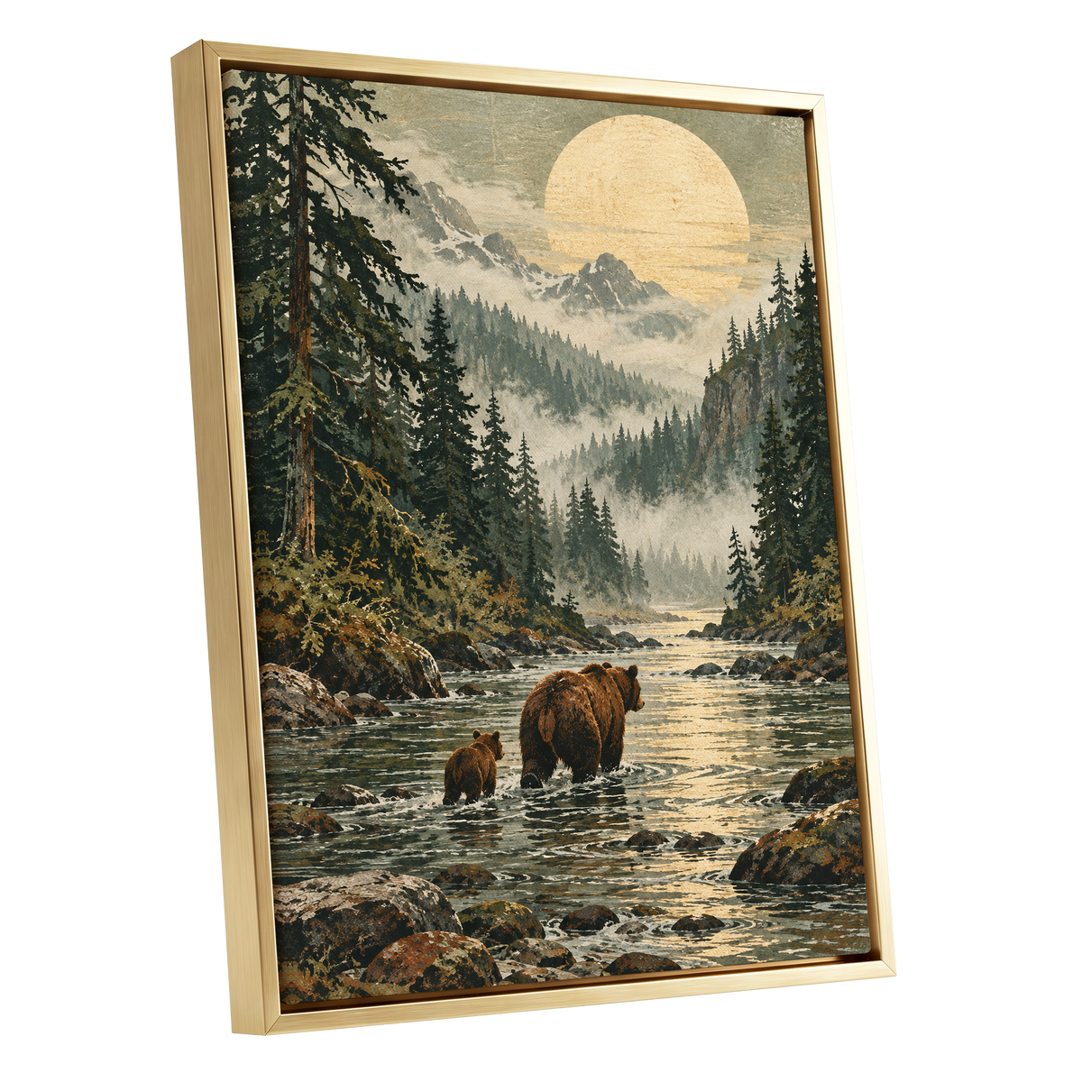 Where the Bears Wander, green, brown, beige nature wall art shown as a gold framed canvas wall art