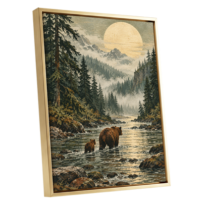 Where the Bears Wander, green, brown, beige nature wall art shown as a gold framed canvas wall art