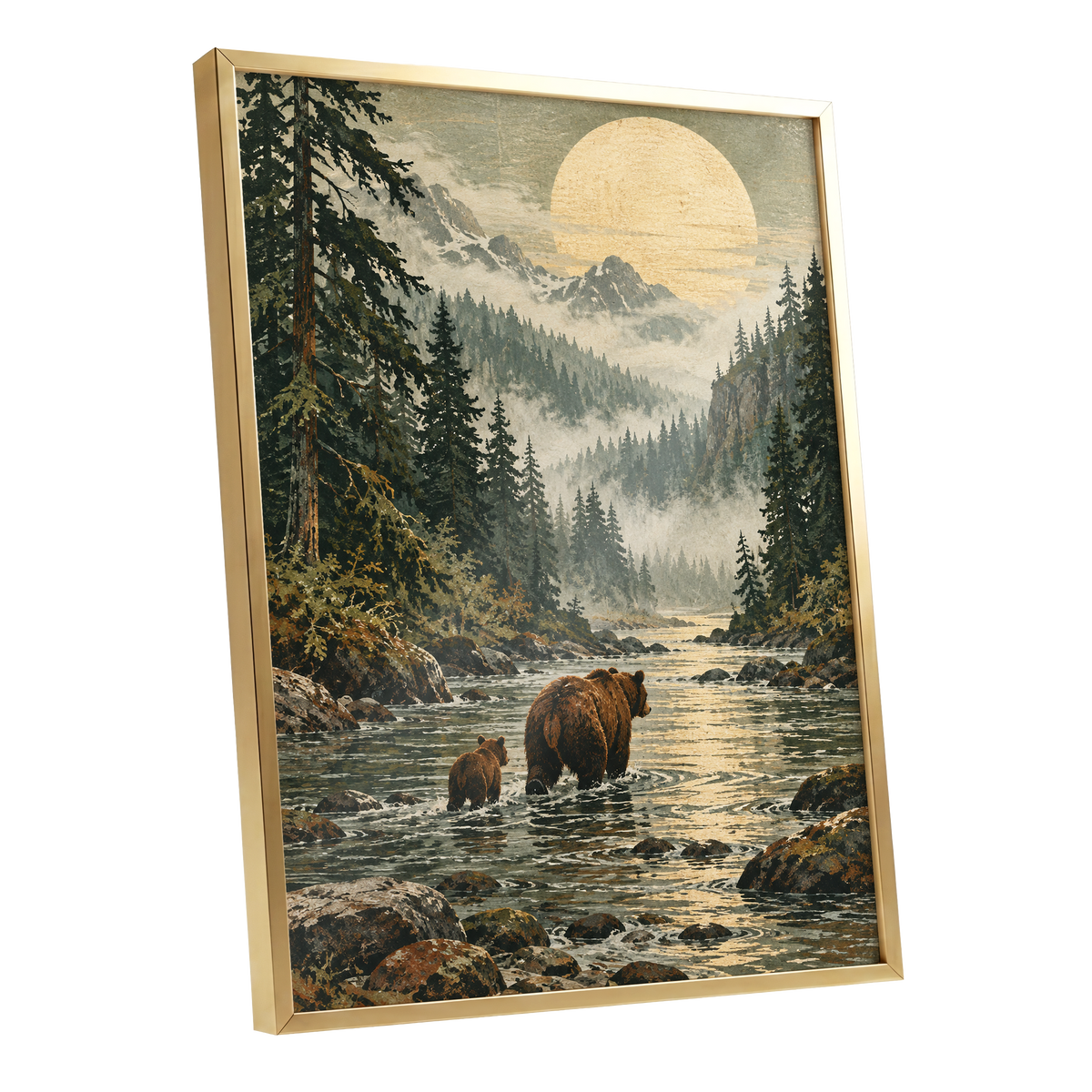 Where the Bears Wander, green, brown, beige nature wall art shown as a gold framed poster wall art print