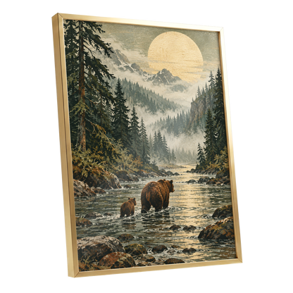 Where the Bears Wander, green, brown, beige nature wall art shown as a gold framed poster wall art print