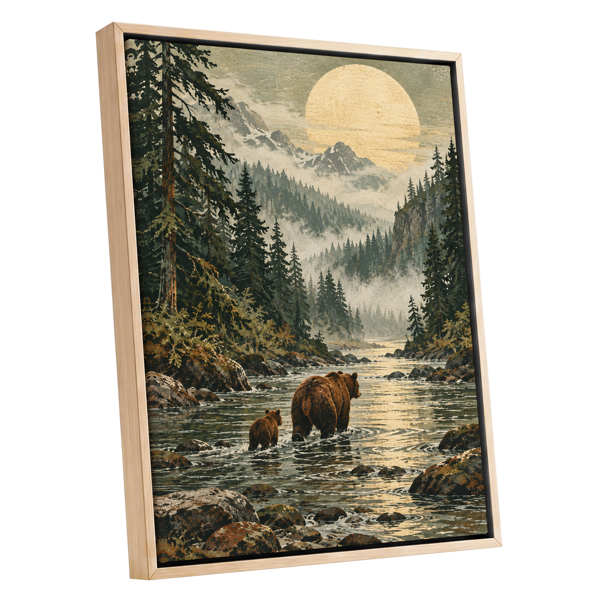 Where the Bears Wander, green, brown, beige nature wall art shown as a oak framed canvas wall art
