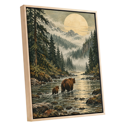 Where the Bears Wander, green, brown, beige nature wall art shown as a oak framed canvas wall art