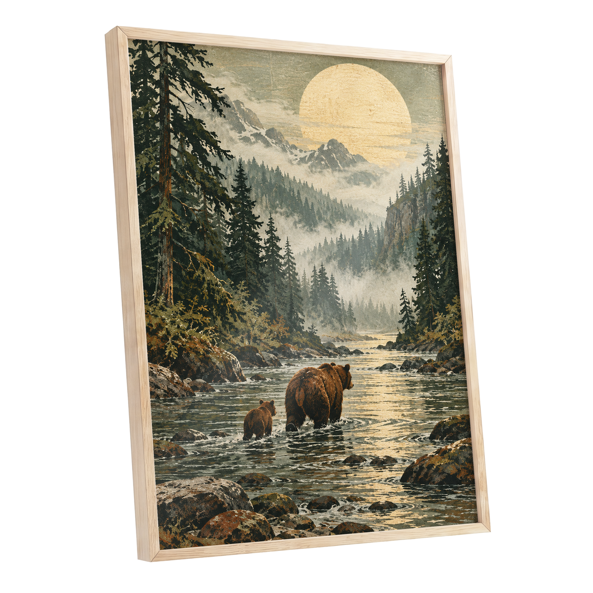 Where the Bears Wander, green, brown, beige nature wall art shown as a oak framed poster wall art print