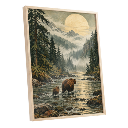 Where the Bears Wander, green, brown, beige nature wall art shown as a oak framed poster wall art print