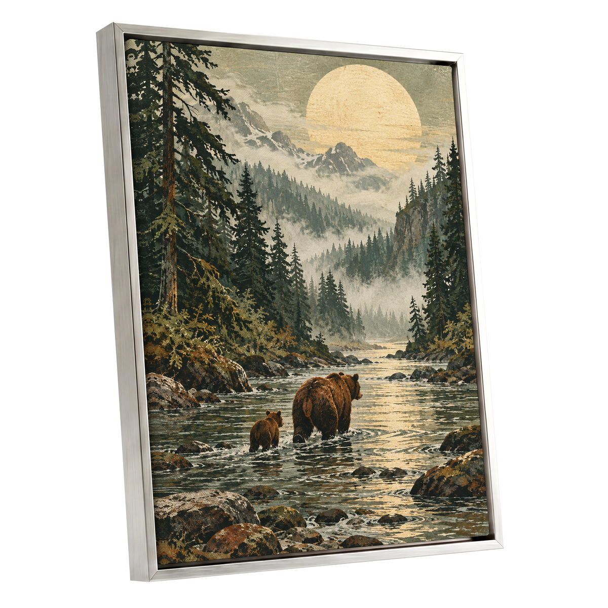 Where the Bears Wander, green, brown, beige nature wall art shown as a silver framed canvas wall art