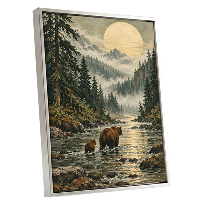 Where the Bears Wander, green, brown, beige nature wall art shown as a silver framed canvas wall art