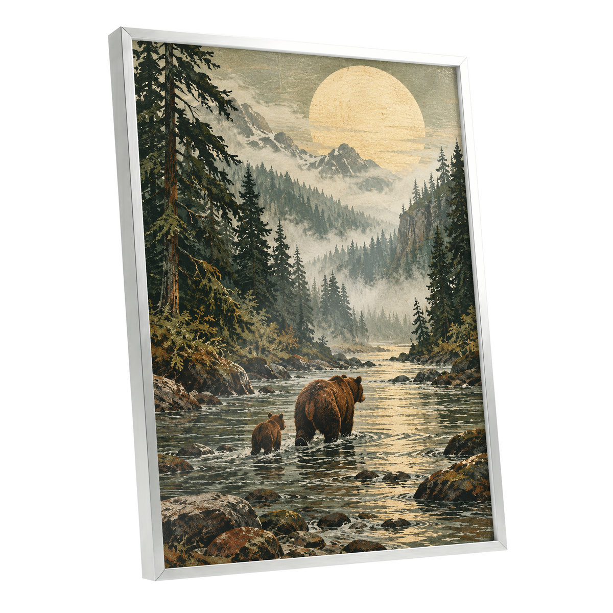 Where the Bears Wander, green, brown, beige nature wall art shown as a silver framed poster wall art print