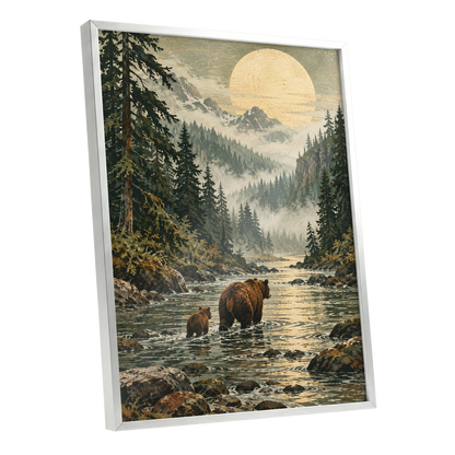 Where the Bears Wander, green, brown, beige nature wall art shown as a silver framed poster wall art print