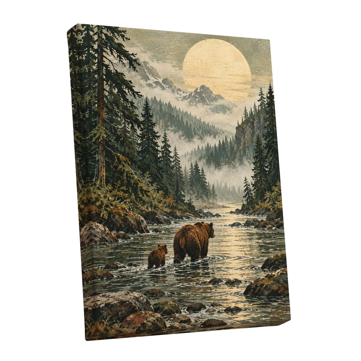 Where the Bears Wander, green, brown, beige nature wall art shown as a stretched canvas wall art