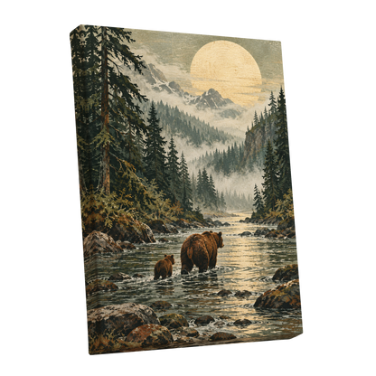 Where the Bears Wander, green, brown, beige nature wall art shown as a stretched canvas wall art