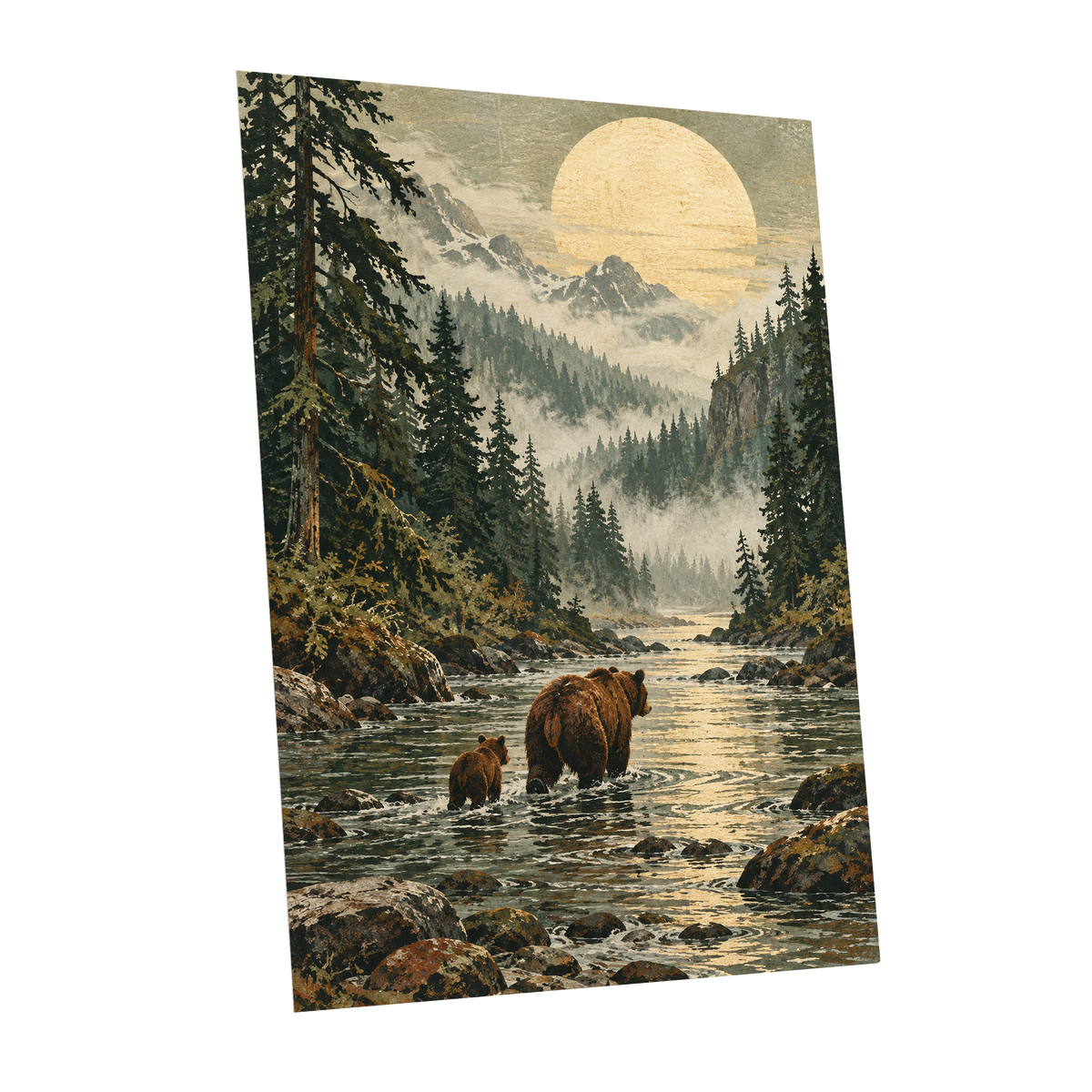Where the Bears Wander, green, brown, beige nature wall art shown as a unframed poster wall art print