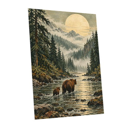 Where the Bears Wander, green, brown, beige nature wall art shown as a unframed poster wall art print
