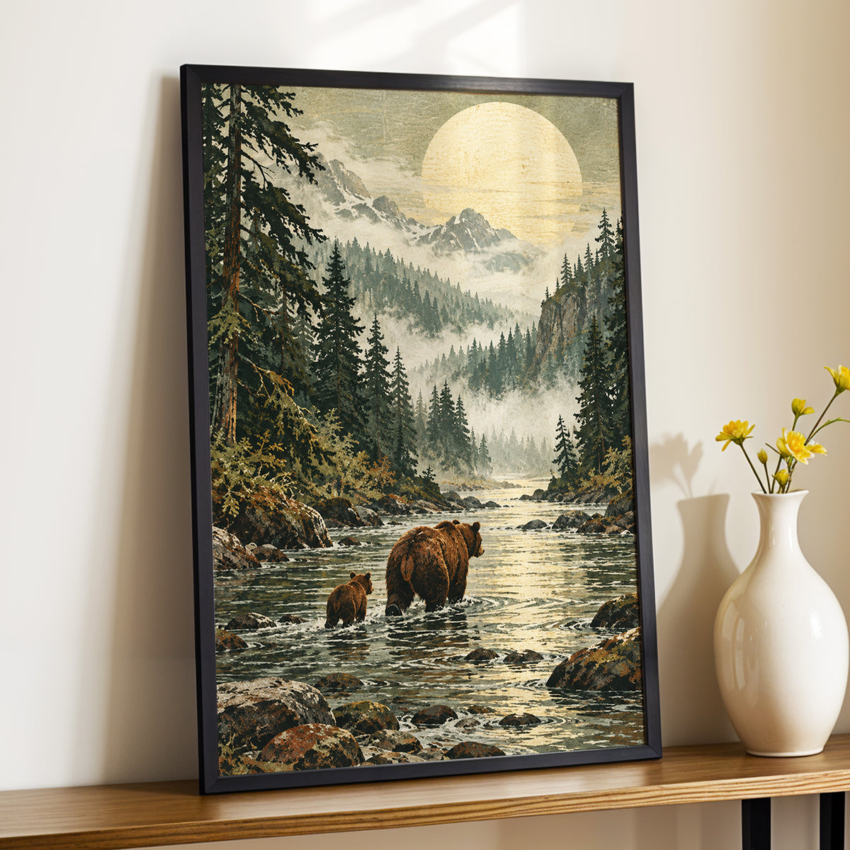 Where the Bears Wander, green, brown, beige nature wall art displayed in a styled interior, gallery view 2
