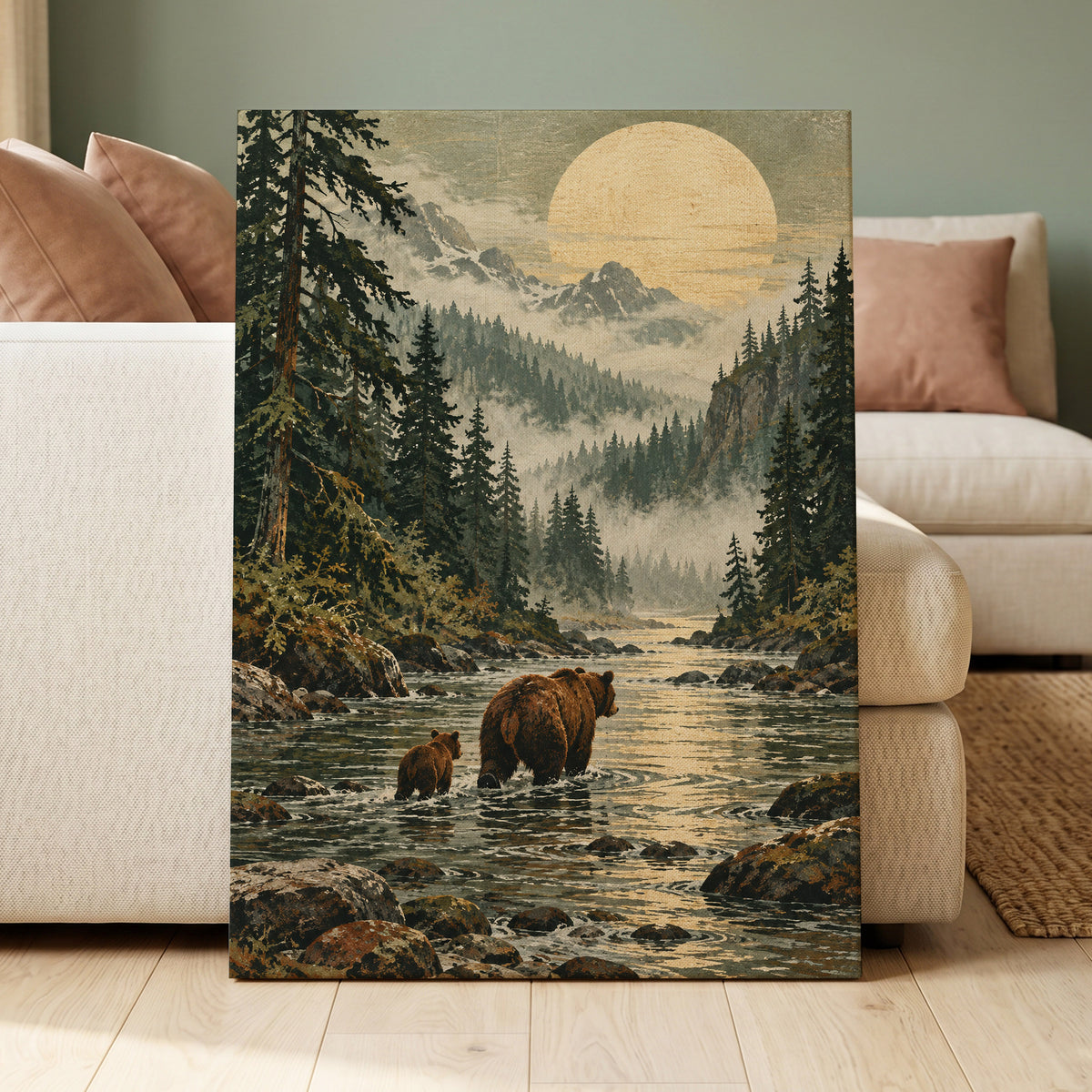 Where the Bears Wander, green, brown, beige nature wall art displayed in a styled interior, gallery view 3