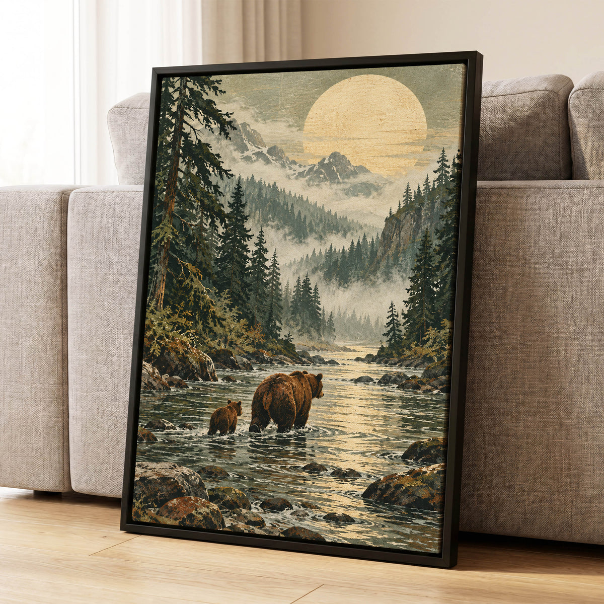 Where the Bears Wander, green, brown, beige nature wall art displayed in a styled interior, gallery view 4