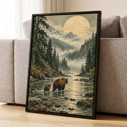Where the Bears Wander, green, brown, beige nature wall art displayed in a styled interior, gallery view 4