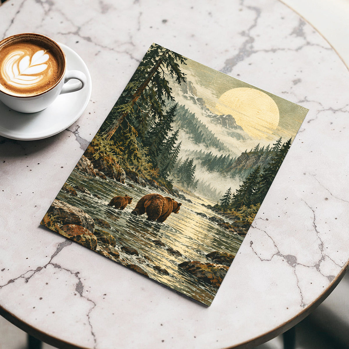 Where the Bears Wander, green, brown, beige nature wall art displayed in a styled interior, gallery view 5
