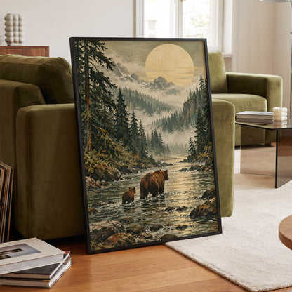 Where the Bears Wander, green, brown, beige nature wall art displayed in a styled interior, gallery view 6