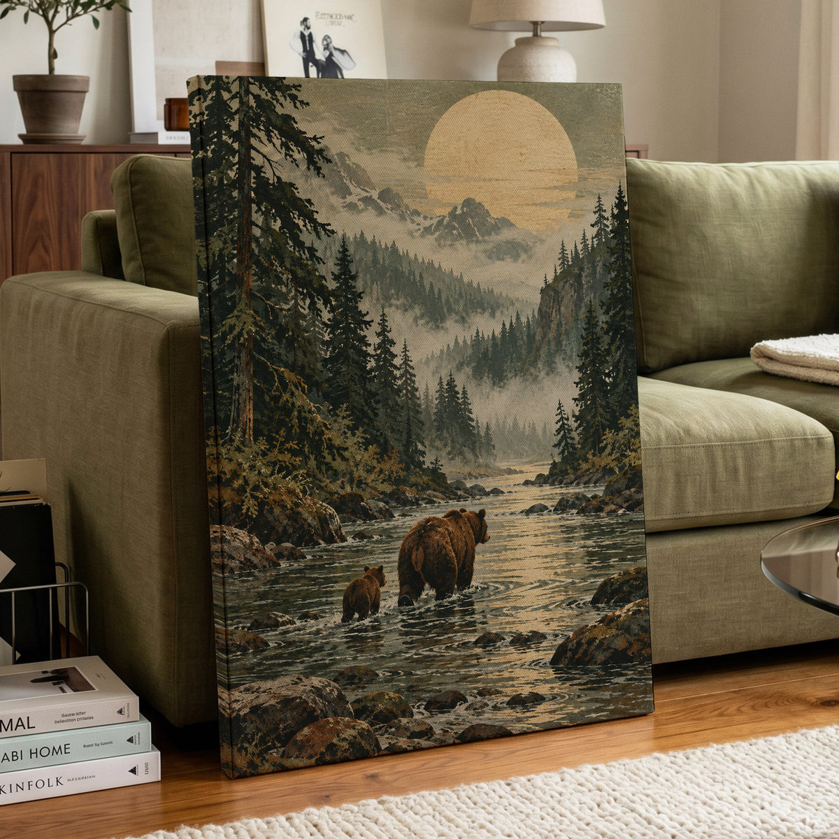 Where the Bears Wander, green, brown, beige nature wall art displayed in a styled interior, gallery view 7