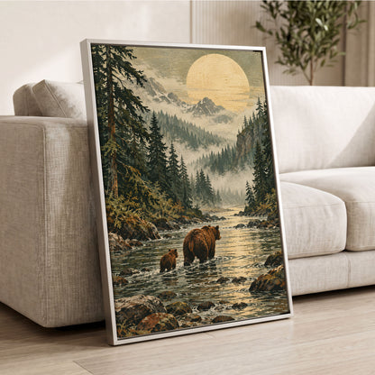Where the Bears Wander, green, brown, beige nature wall art displayed in a styled interior, gallery view 8