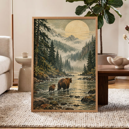 Where the Bears Wander, green, brown, beige nature wall art displayed in a styled interior, gallery view 9