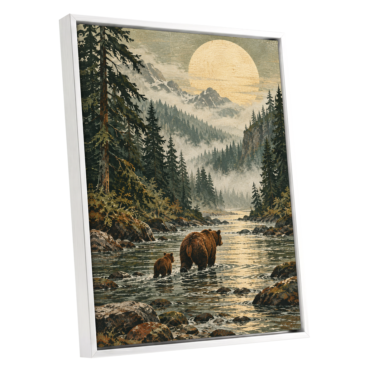 Where the Bears Wander, green, brown, beige nature wall art shown as a white framed canvas wall art