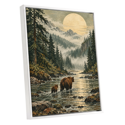Where the Bears Wander, green, brown, beige nature wall art shown as a white framed canvas wall art