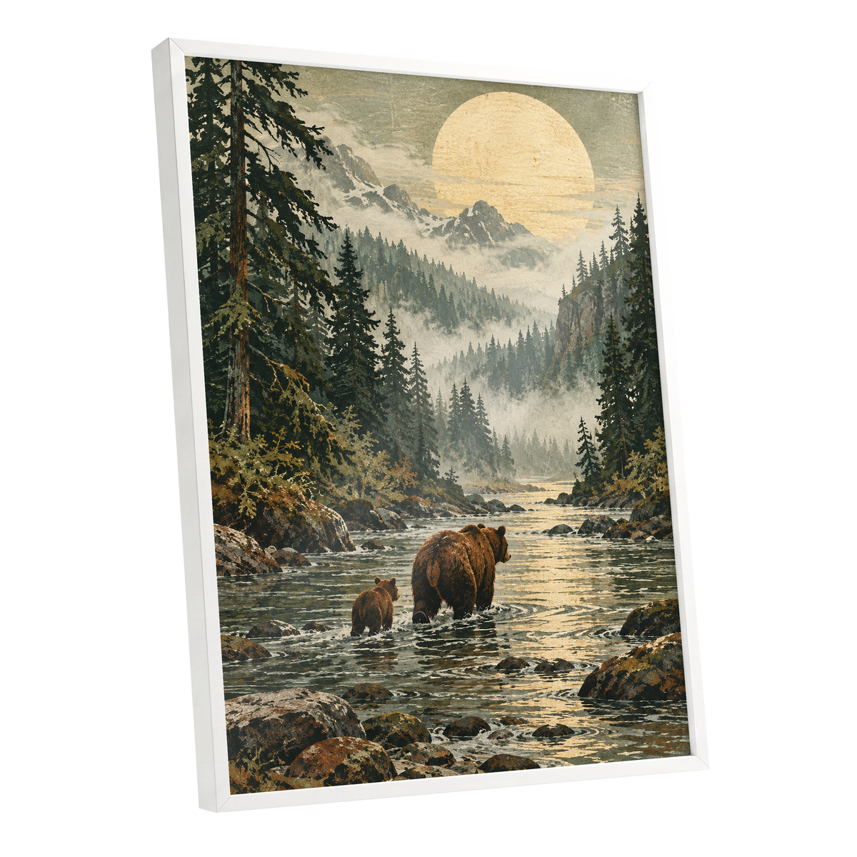 Where the Bears Wander, green, brown, beige nature wall art shown as a white framed poster wall art print