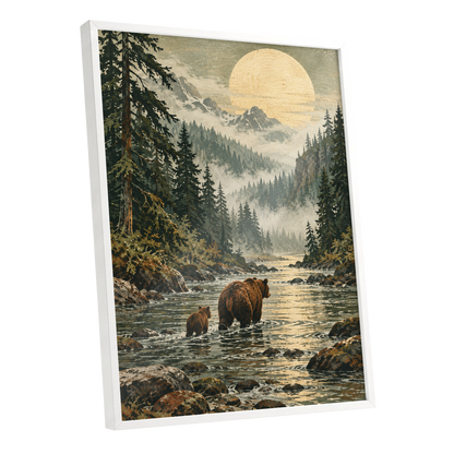 Where the Bears Wander, green, brown, beige nature wall art shown as a white framed poster wall art print