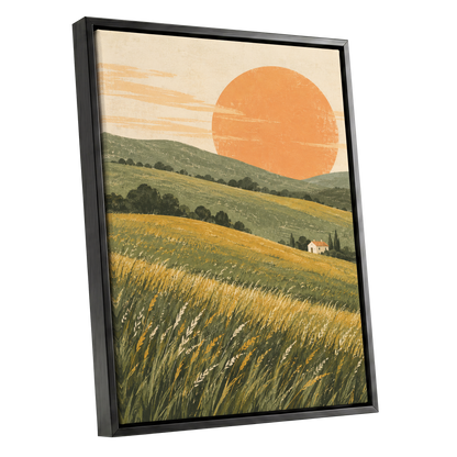 Where the Hills Glow, green, gold, orange nature wall art shown as a black framed canvas wall art