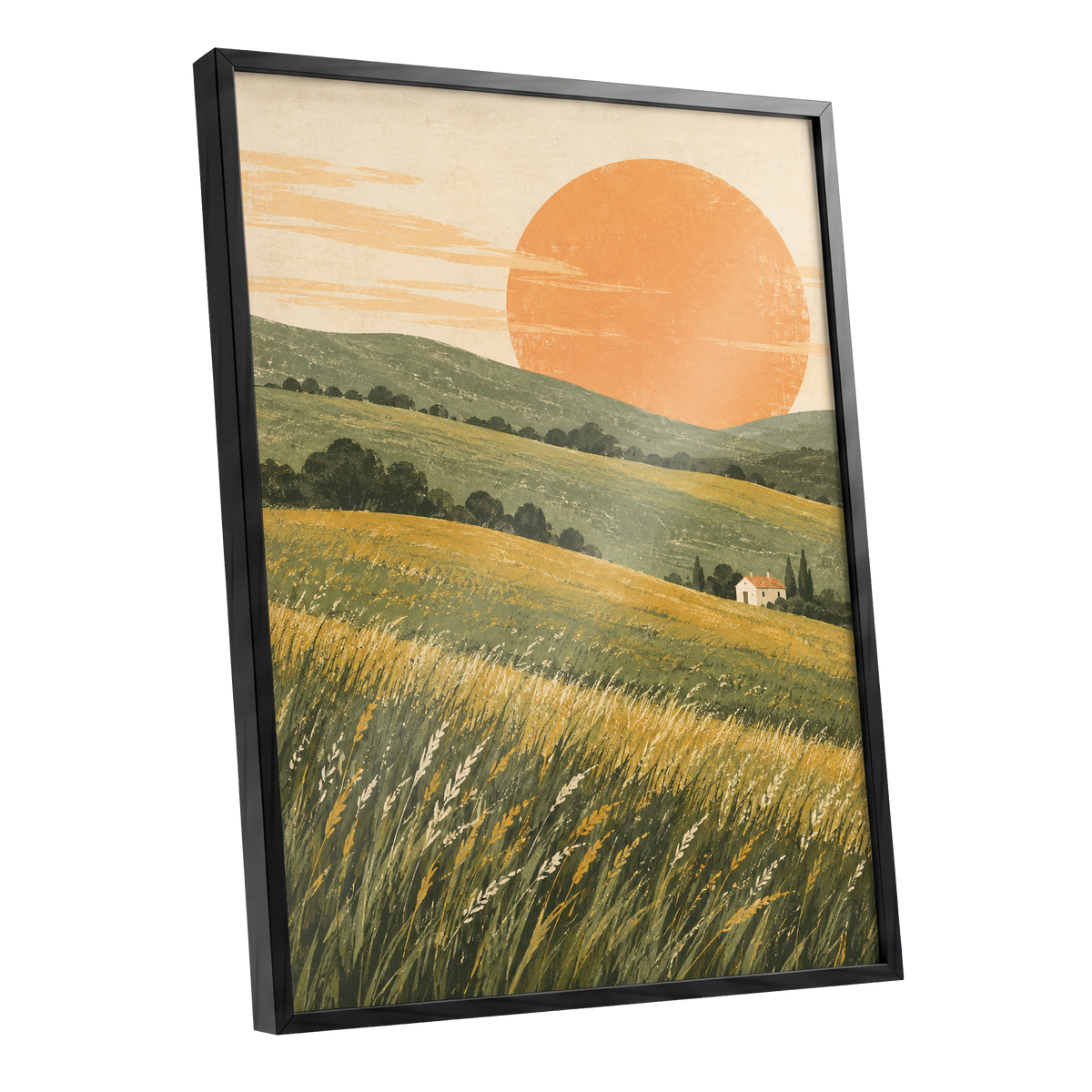 Where the Hills Glow, green, gold, orange nature wall art shown as a black framed poster wall art print